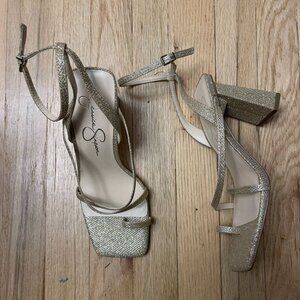 JESSICA SIMPSON Gold Zofia Strappy Glitter Sandals w/ Block Heel - Size 7.5
